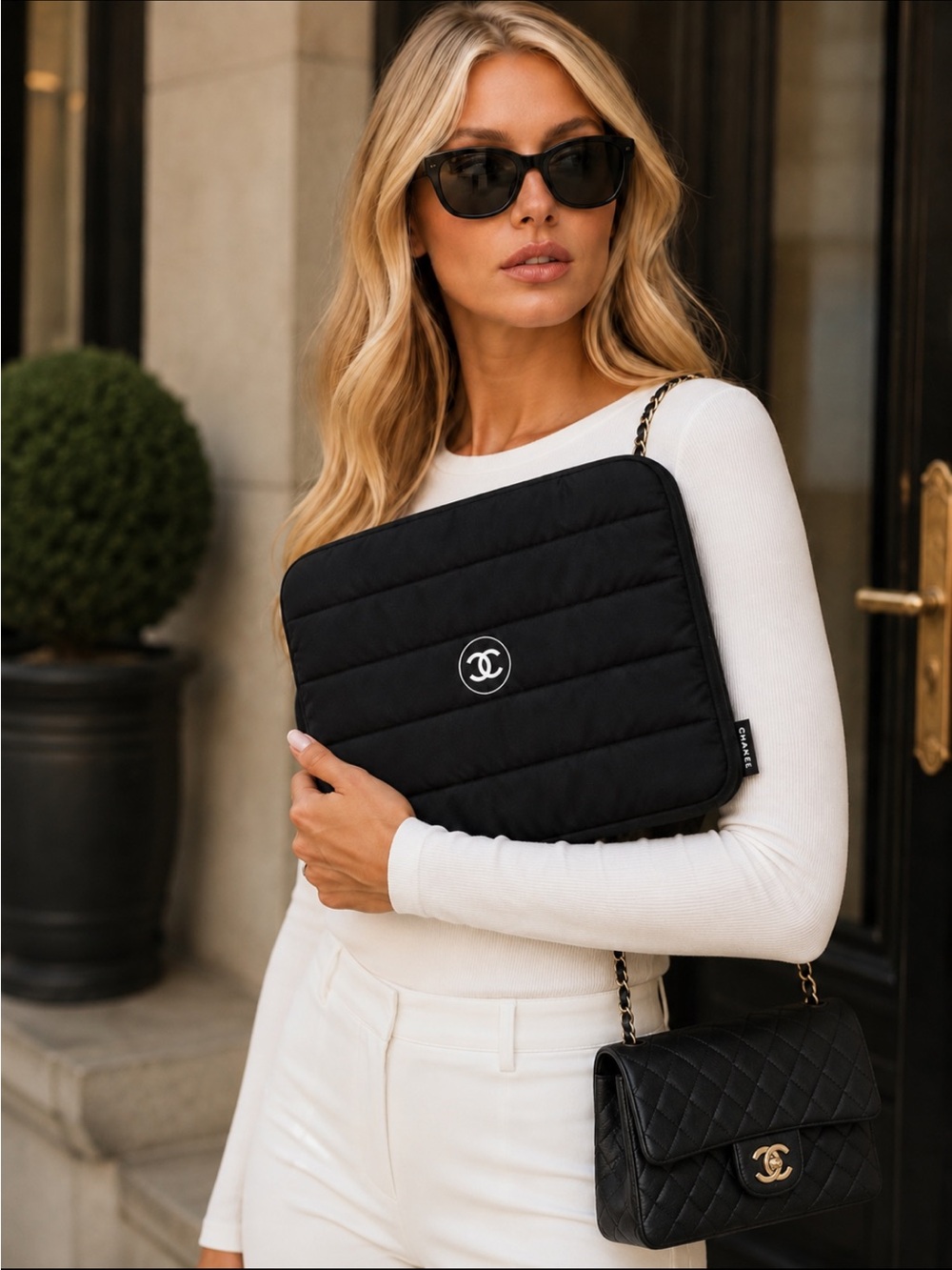 FASHION  Black Quilted Labtop Sleeve with Double C Logo